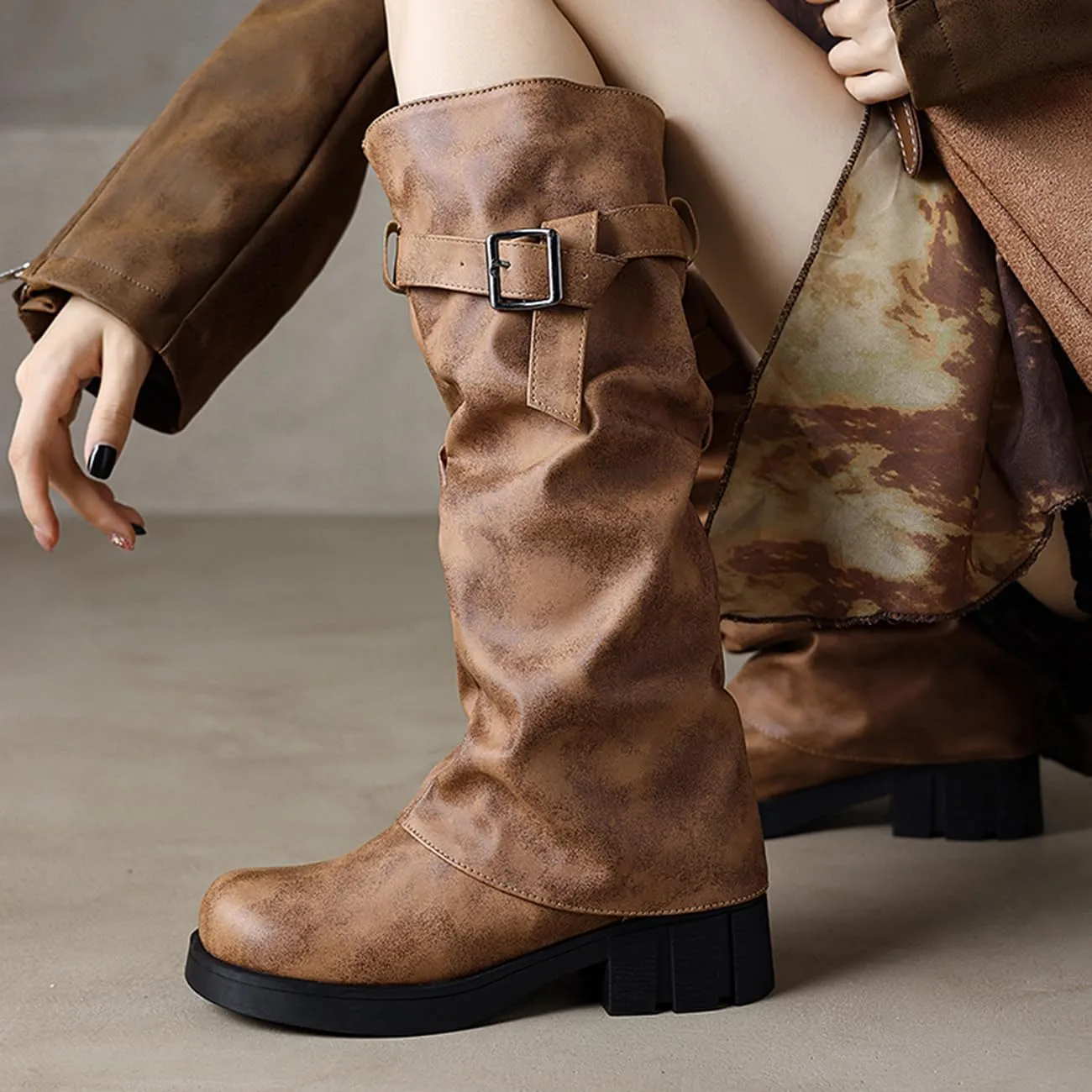 MRKEWUNEY Womens Chunky Low Heel Fold Over Boots Slouchy Biker Boots Platform knee High Boots