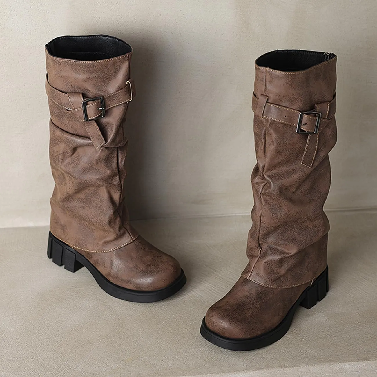 MRKEWUNEY Womens Chunky Low Heel Fold Over Boots Slouchy Biker Boots Platform knee High Boots