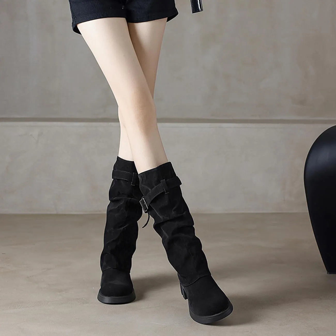 MRKEWUNEY Womens Chunky Low Heel Fold Over Boots Slouchy Biker Boots Platform knee High Boots