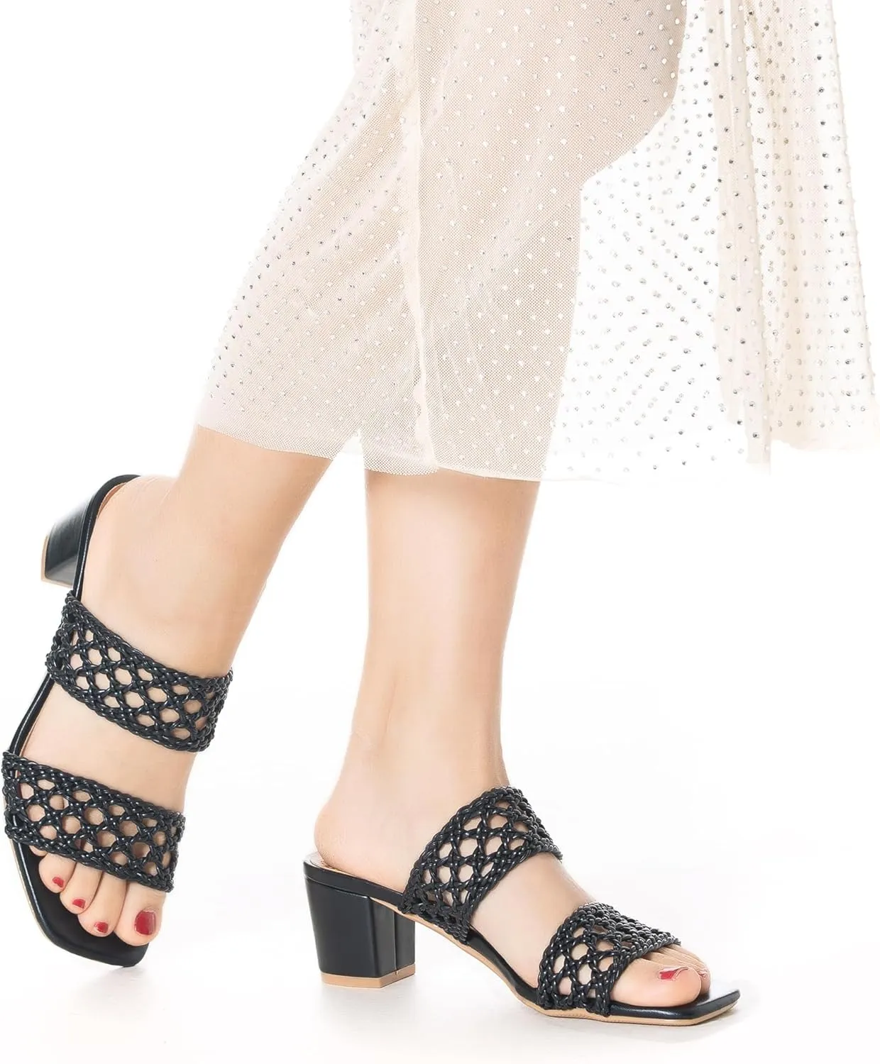 Mtzyoa Women Heels Sandals Summer Hollow Braided Strap Beach Slides Vacation Bohemian Casual Dressy Non Slip Square Toe Everyday Essentials