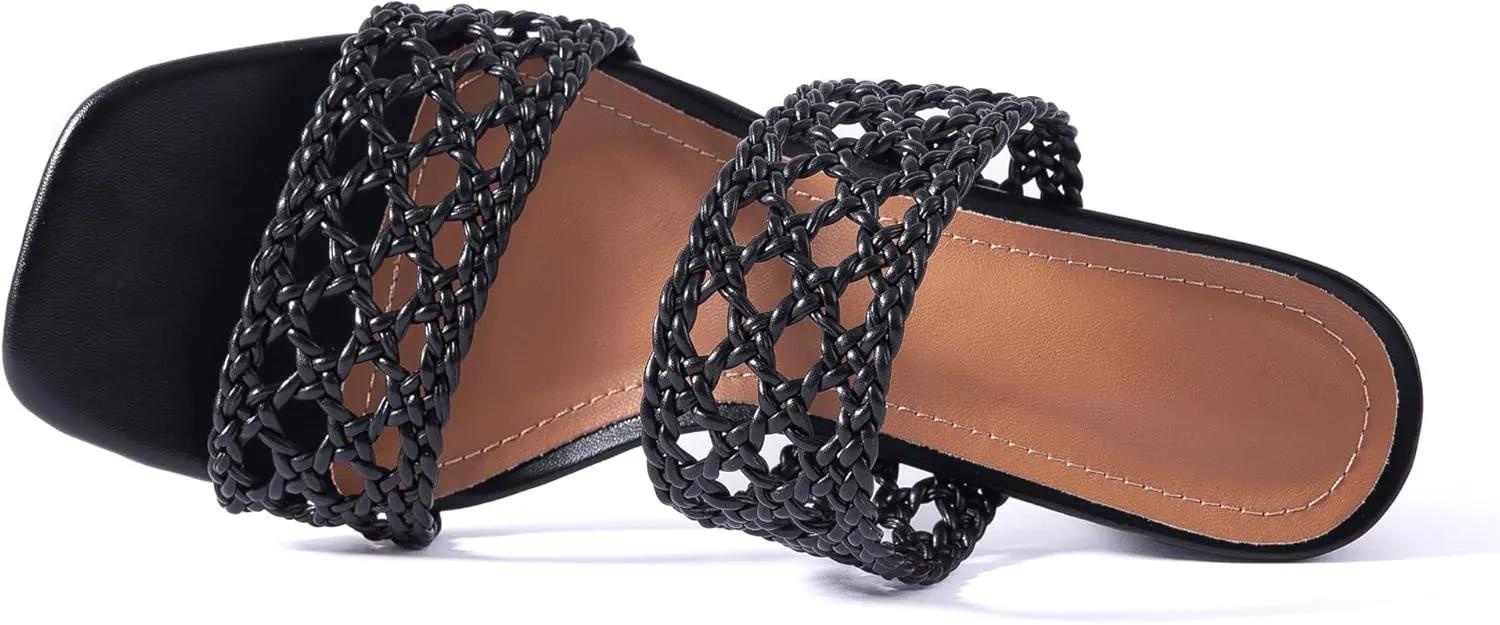 Mtzyoa Women Heels Sandals Summer Hollow Braided Strap Beach Slides Vacation Bohemian Casual Dressy Non Slip Square Toe Everyday Essentials