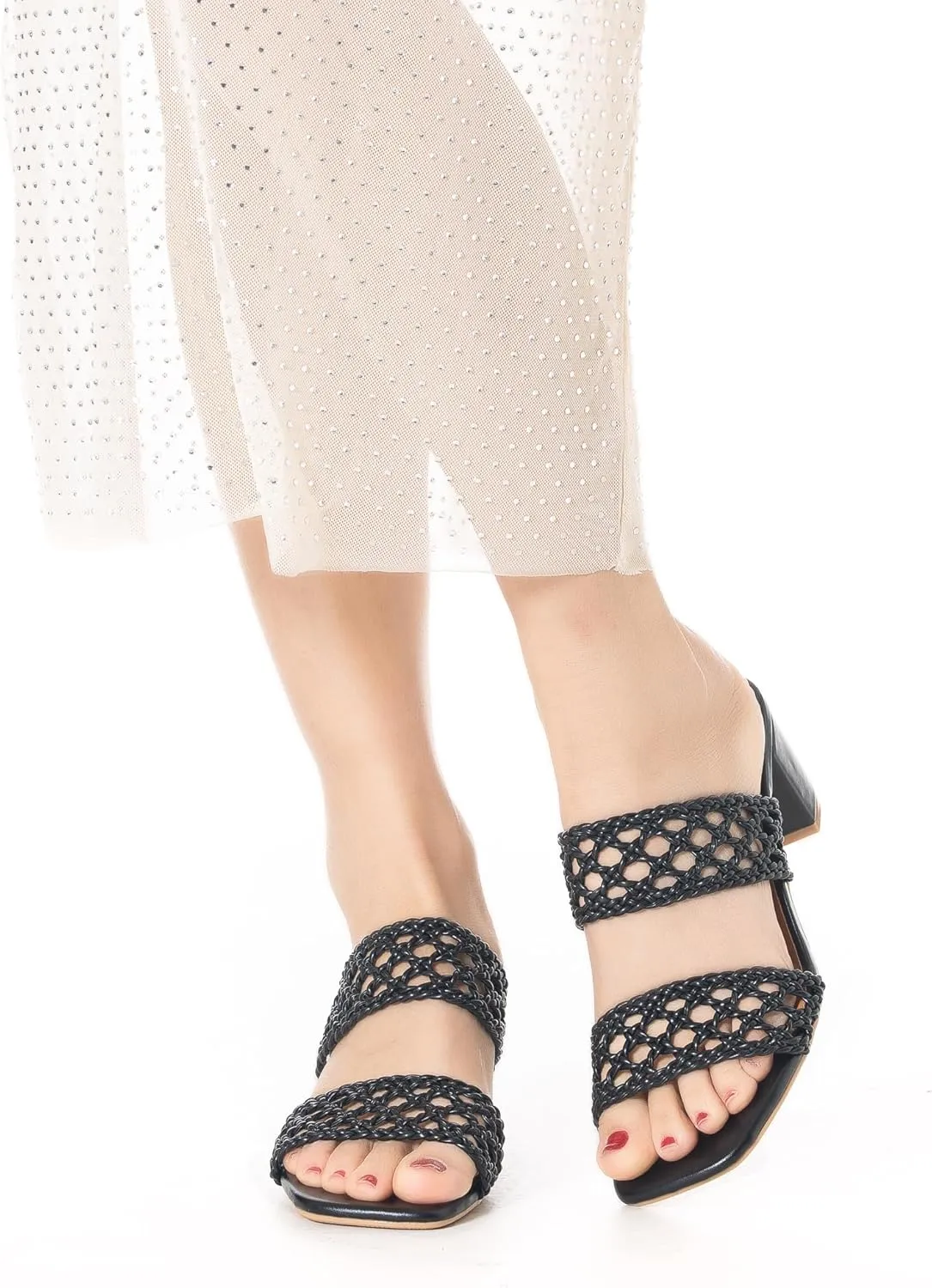 Mtzyoa Women Heels Sandals Summer Hollow Braided Strap Beach Slides Vacation Bohemian Casual Dressy Non Slip Square Toe Everyday Essentials