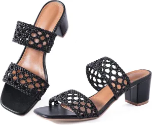 Mtzyoa Women Heels Sandals Summer Hollow Braided Strap Beach Slides Vacation Bohemian Casual Dressy Non Slip Square Toe Everyday Essentials