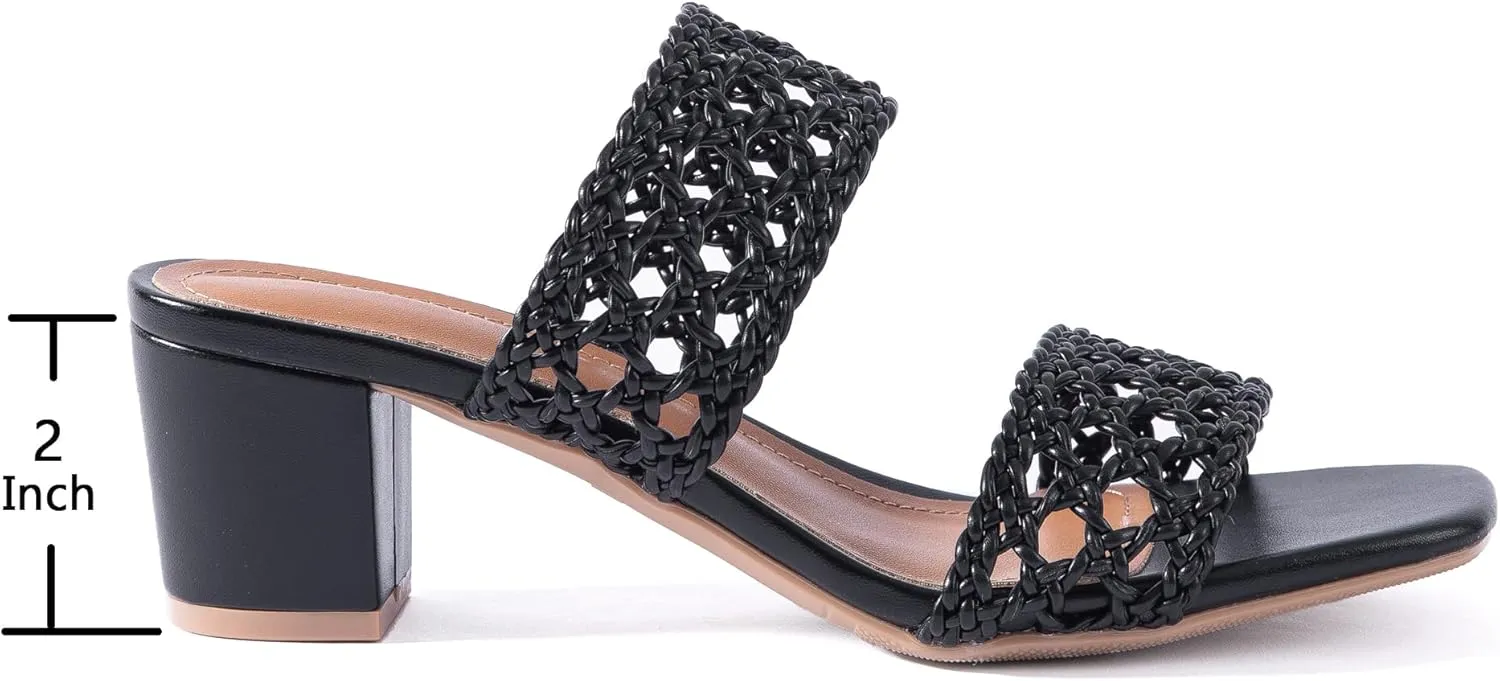 Mtzyoa Women Heels Sandals Summer Hollow Braided Strap Beach Slides Vacation Bohemian Casual Dressy Non Slip Square Toe Everyday Essentials