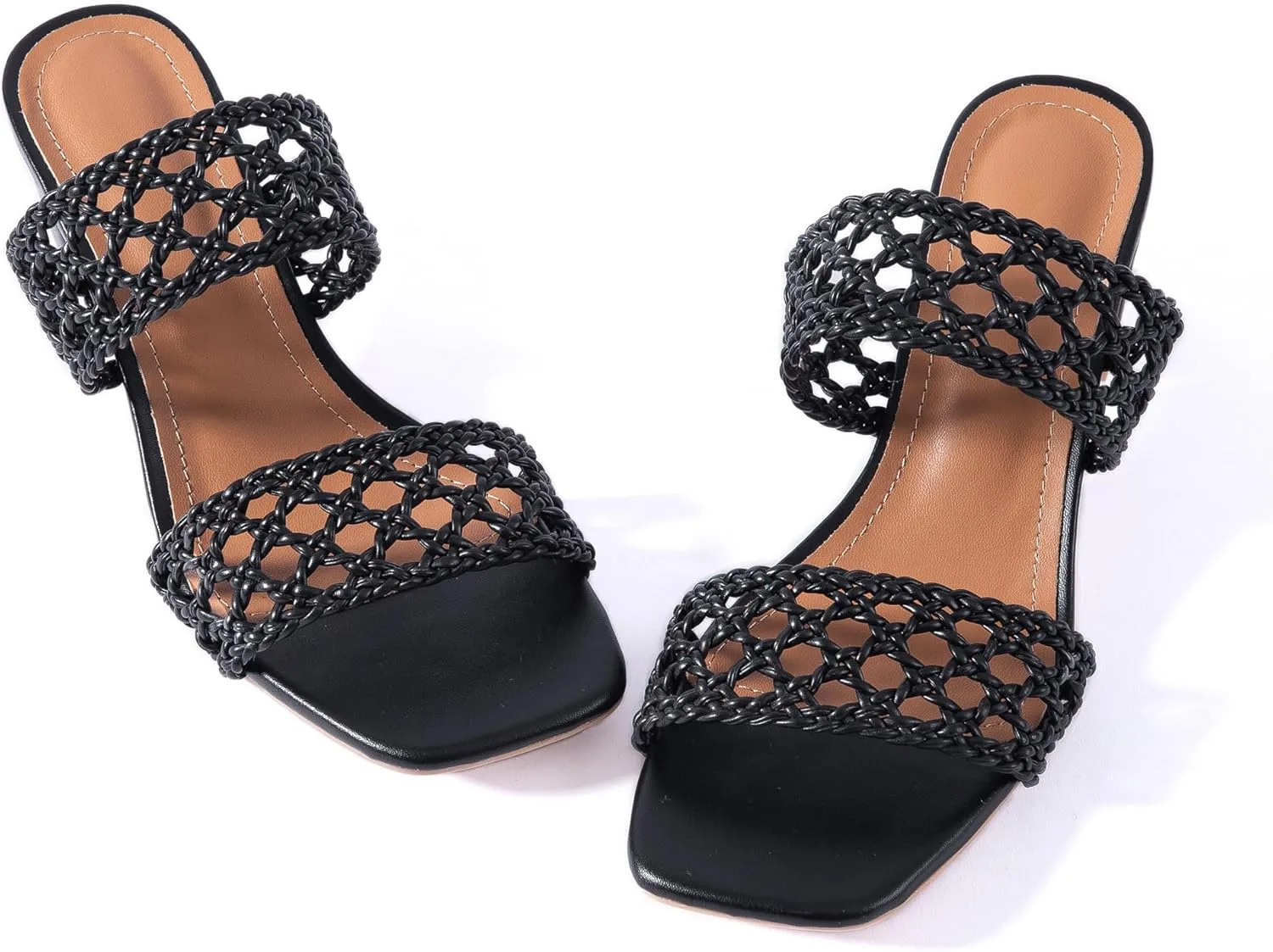 Mtzyoa Women Heels Sandals Summer Hollow Braided Strap Beach Slides Vacation Bohemian Casual Dressy Non Slip Square Toe Everyday Essentials