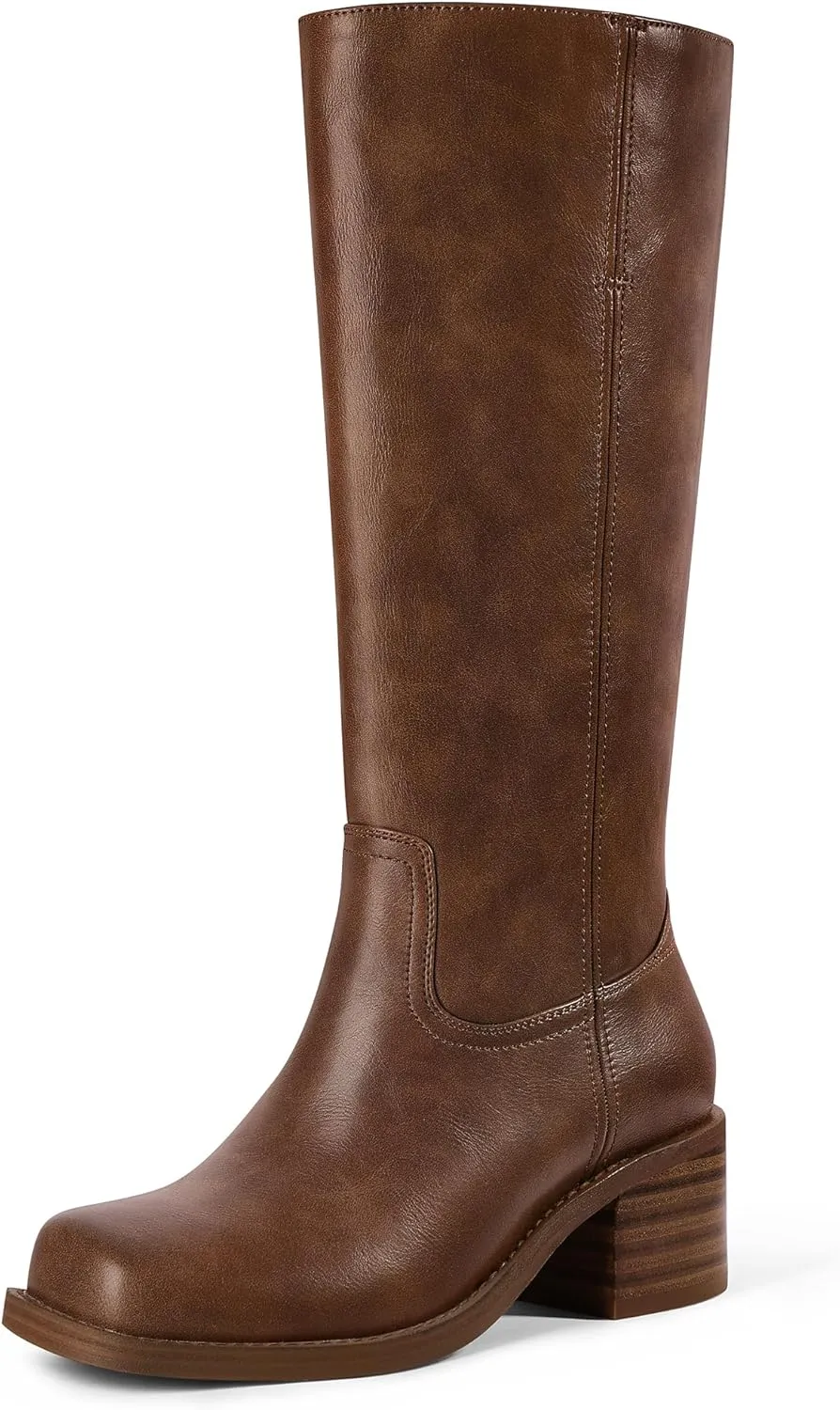 MUCCCUTE Campus Knee High Boots for Women Wide Calf Square Toe Chunky Block Low Heel Tall Long Boots Pull On
