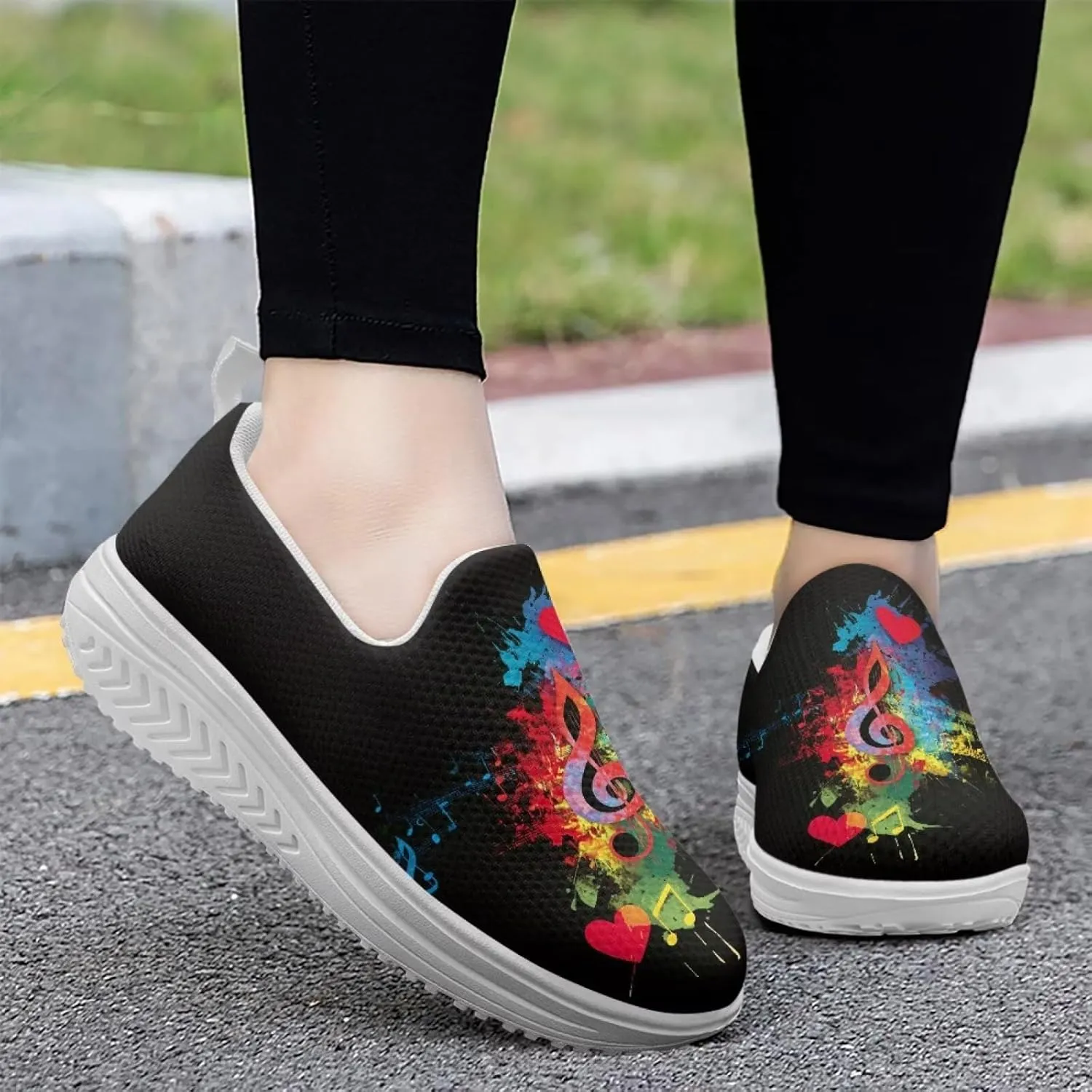 Music Note Womens Walking Sneakers Lightweight Platform Shoes Slip-on Casual Loafer for Outdoor Camping Gym