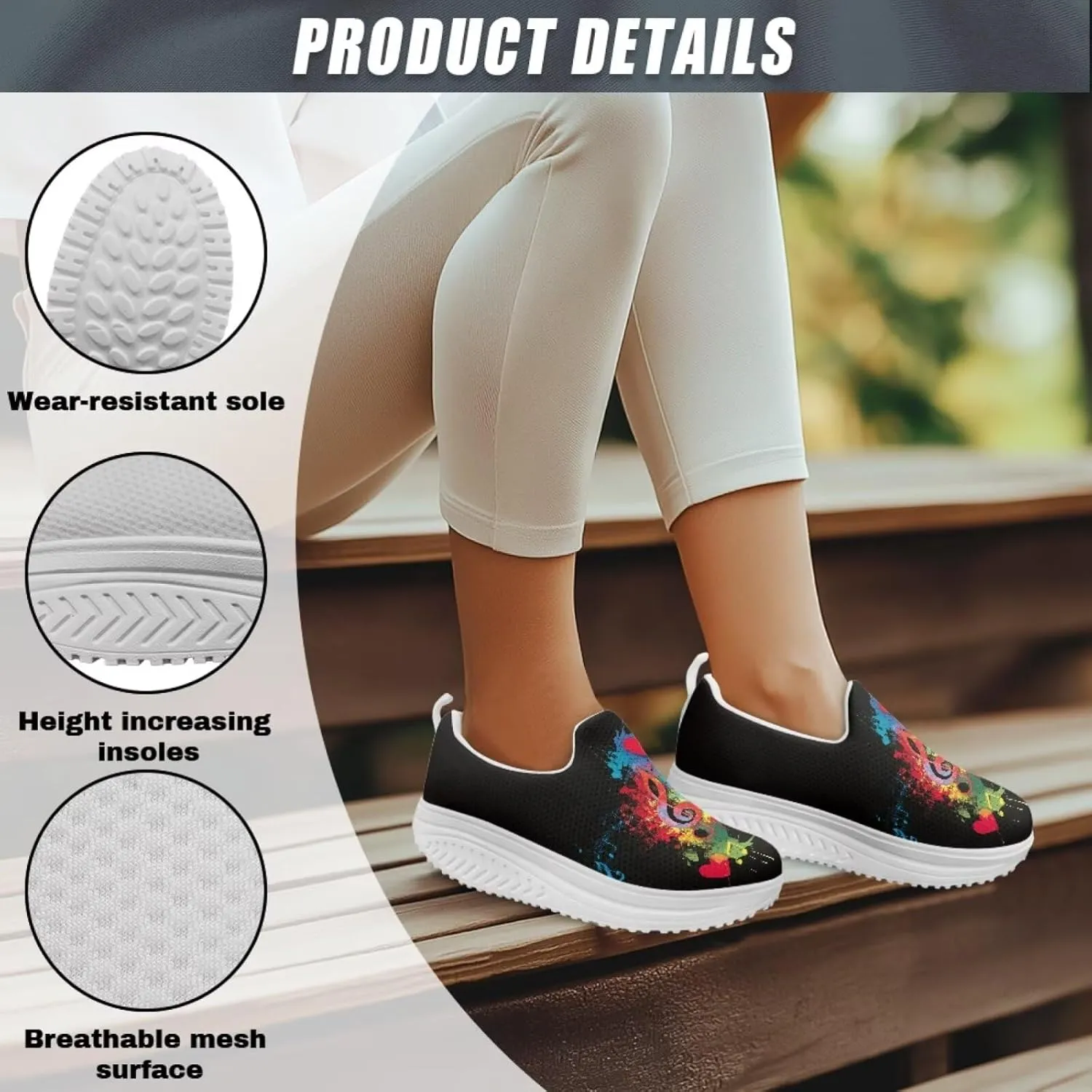 Music Note Womens Walking Sneakers Lightweight Platform Shoes Slip-on Casual Loafer for Outdoor Camping Gym