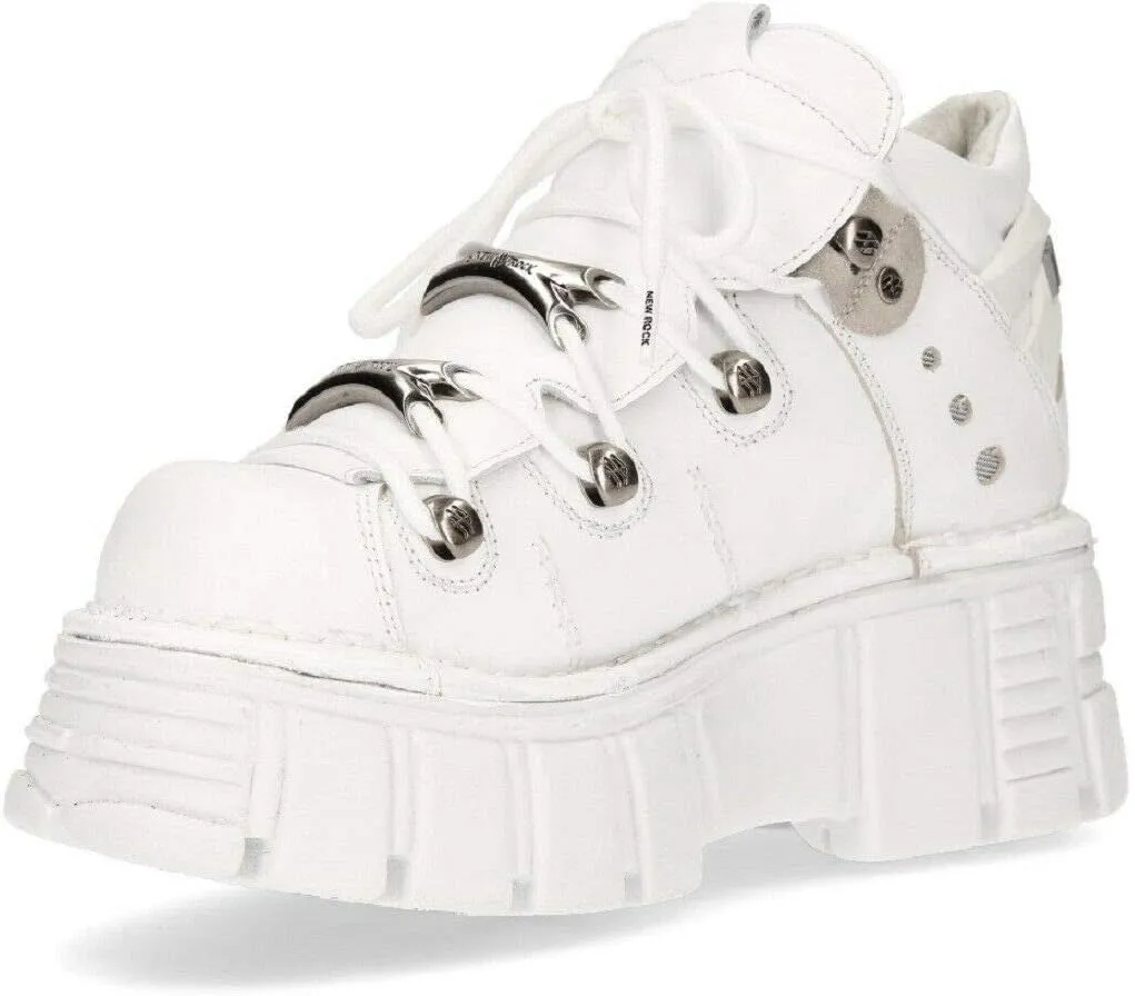 New Rock 106N-S8 PLATFORM SHOES Metallic White Leather Biker Punk Gothic Boots