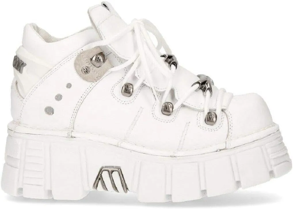 New Rock 106N-S8 PLATFORM SHOES Metallic White Leather Biker Punk Gothic Boots
