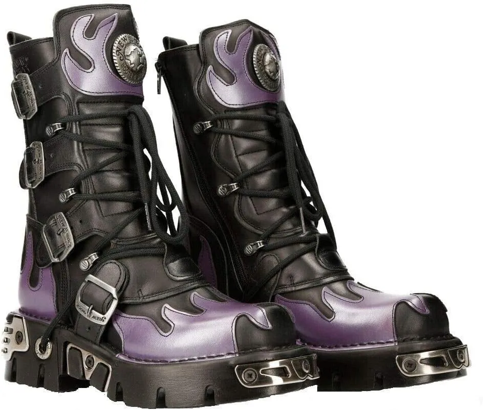 New Rock Boots 591 Flame Metallic Leather Women's Goth Punk Biker Fashion