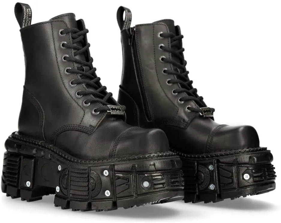 New Rock Men's TANK083-C1 Real Leather Combat Black Platform Biker Military Shoe Boots