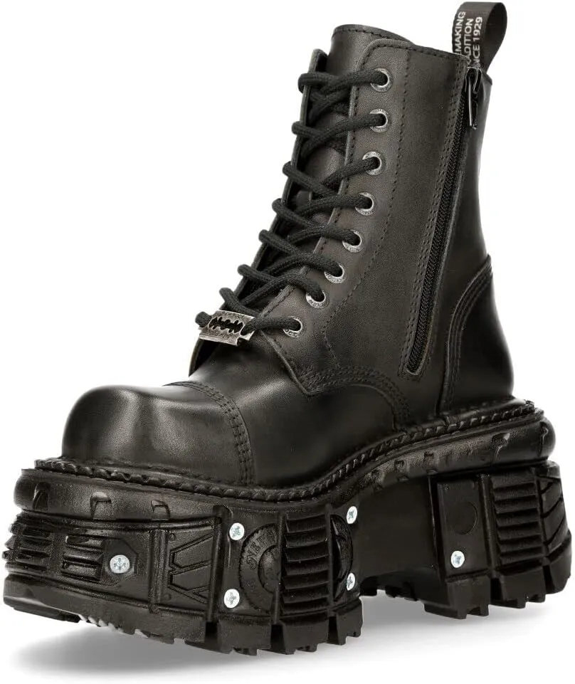 New Rock Men's TANK083-C1 Real Leather Combat Black Platform Biker Military Shoe Boots