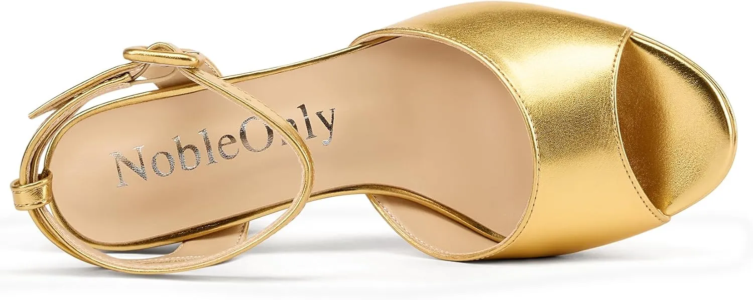 NobleOnly Platform Heels for Women Platform Sandals Chunky Heel Peep Open Toe Ankle Strap Block Heeled Sandals for Party Prom Wedding 3.2 Inches Heels