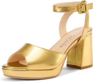 NobleOnly Platform Heels for Women Platform Sandals Chunky Heel Peep Open Toe Ankle Strap Block Heeled Sandals for Party Prom Wedding 3.2 Inches Heels