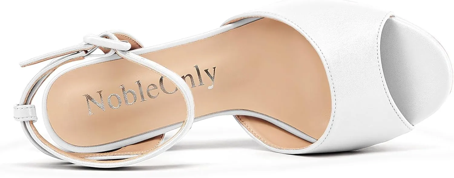 NobleOnly Platform Heels for Women Platform Sandals Chunky Heel Peep Open Toe Ankle Strap Block Heeled Sandals for Party Prom Wedding 3.2 Inches Heels