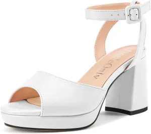 NobleOnly Platform Heels for Women Platform Sandals Chunky Heel Peep Open Toe Ankle Strap Block Heeled Sandals for Party Prom Wedding 3.2 Inches Heels