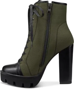 NobleOnly Women High Heel Platform Round Toe Ankle Boots Short Bootie Zipper Lace-up Riding Boots Classic Party Office 5.1 Inches Heels
