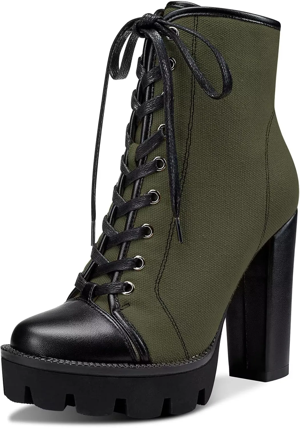NobleOnly Women High Heel Platform Round Toe Ankle Boots Short Bootie Zipper Lace-up Riding Boots Classic Party Office 5.1 Inches Heels
