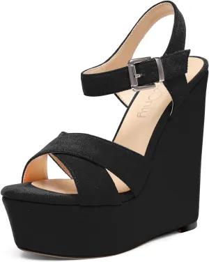 NobleOnly Women's Wedge High Heels Platform Ankle Strap Sandals Open Toe Slingback Basic Office Sandal 6" Heel Shoes