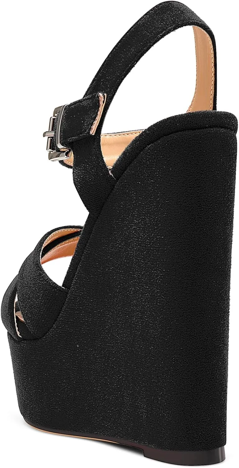 NobleOnly Women's Wedge High Heels Platform Ankle Strap Sandals Open Toe Slingback Basic Office Sandal 6" Heel Shoes