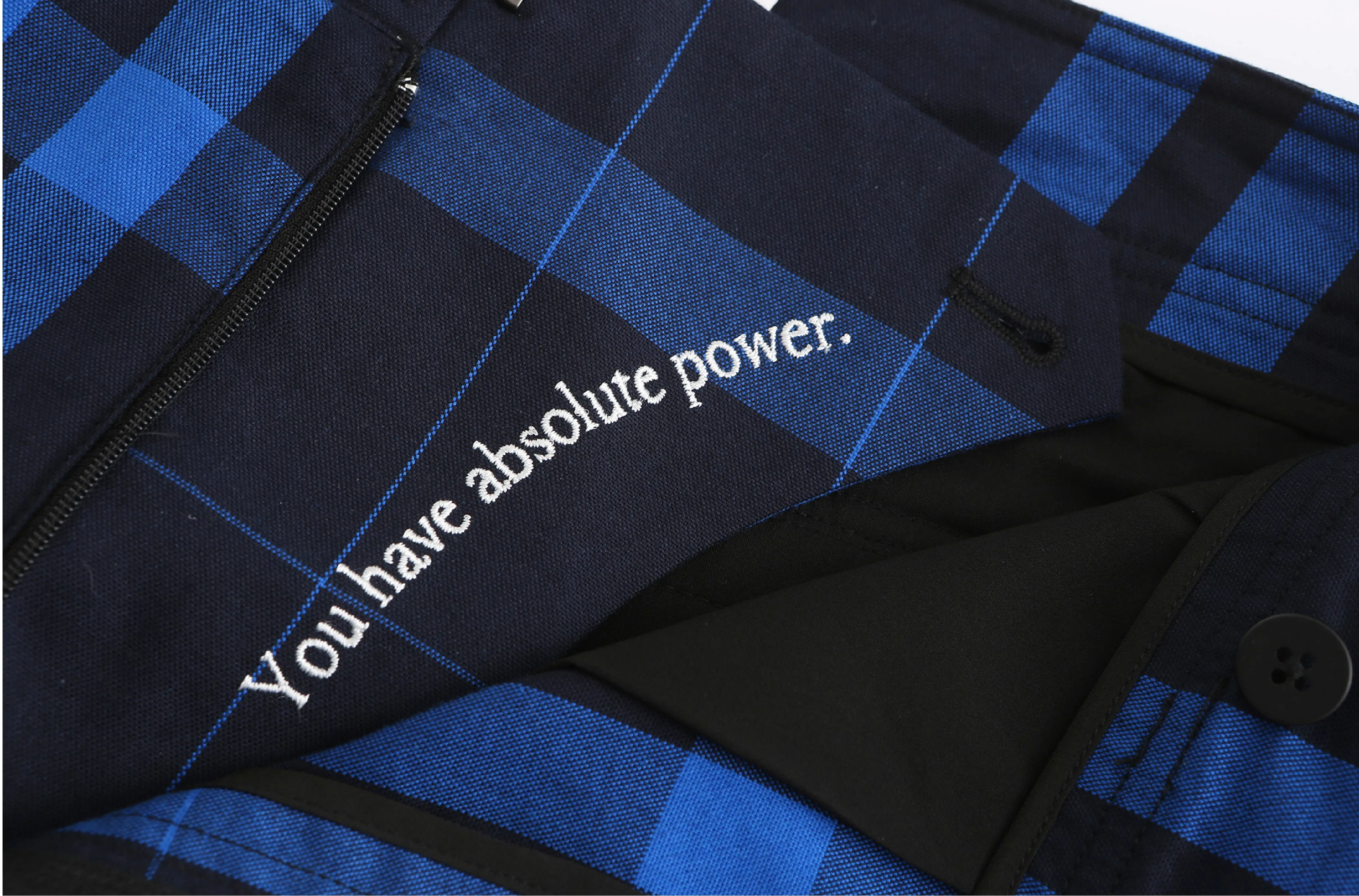 Note to Self / Embroidered Tartan Plaid Pants • Navy