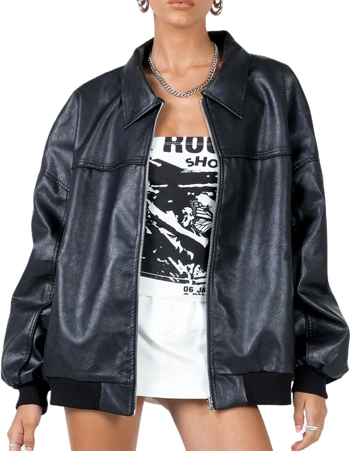 NUFIWI Women Y2k Oversized Faux Leather Jackets Lapel Collar Zip Up Motorcycle Coats Fall Fashion Leather Bomber Jacket