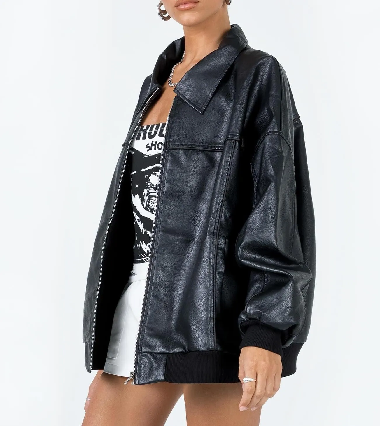 NUFIWI Women Y2k Oversized Faux Leather Jackets Lapel Collar Zip Up Motorcycle Coats Fall Fashion Leather Bomber Jacket