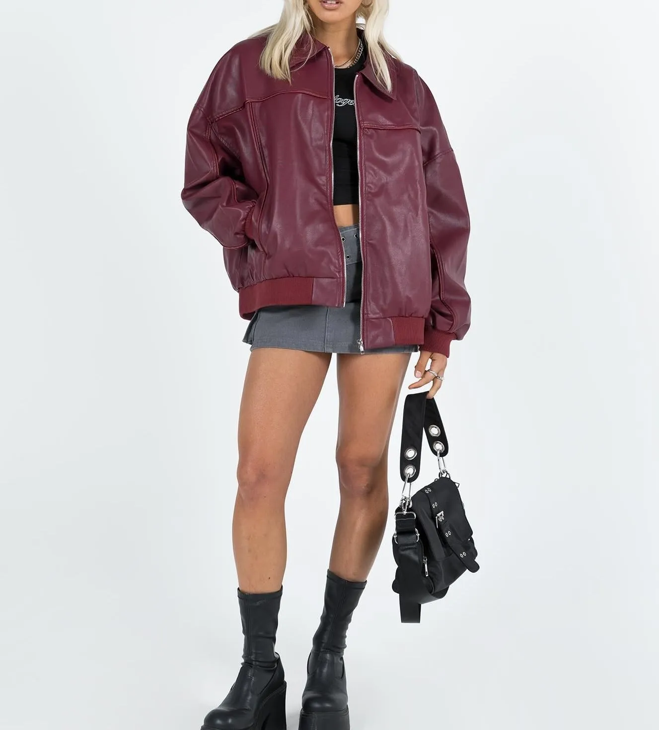 NUFIWI Women Y2k Oversized Faux Leather Jackets Lapel Collar Zip Up Motorcycle Coats Fall Fashion Leather Bomber Jacket