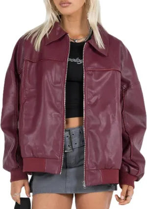 NUFIWI Women Y2k Oversized Faux Leather Jackets Lapel Collar Zip Up Motorcycle Coats Fall Fashion Leather Bomber Jacket