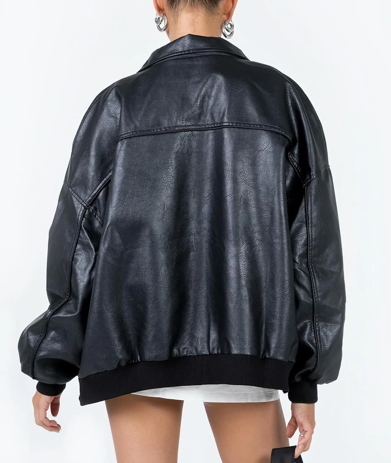 NUFIWI Women Y2k Oversized Faux Leather Jackets Lapel Collar Zip Up Motorcycle Coats Fall Fashion Leather Bomber Jacket