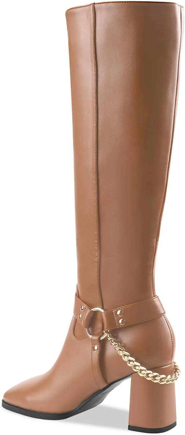 Oh Mispares Knee High Boots Slim Calf Square Toe Chunky Heel Narrow Calves Boots for Women Skinny Legs - Faux Leather Fall Winter Dress Riding Moto Tall 3 Inches Heels Boots for Girls