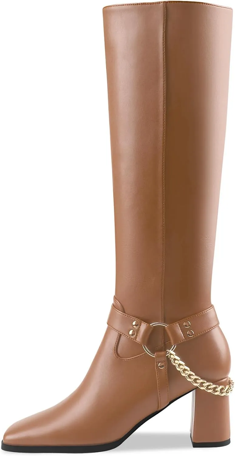 Oh Mispares Knee High Boots Slim Calf Square Toe Chunky Heel Narrow Calves Boots for Women Skinny Legs - Faux Leather Fall Winter Dress Riding Moto Tall 3 Inches Heels Boots for Girls