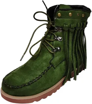 oiangi Fringed Ankle Boots for Women Flat Vintage Round Toe Suede Lace Up Tassel Studded Non-slip Booties Solid Color Casual Comfort Outdoor Ladies Shoes