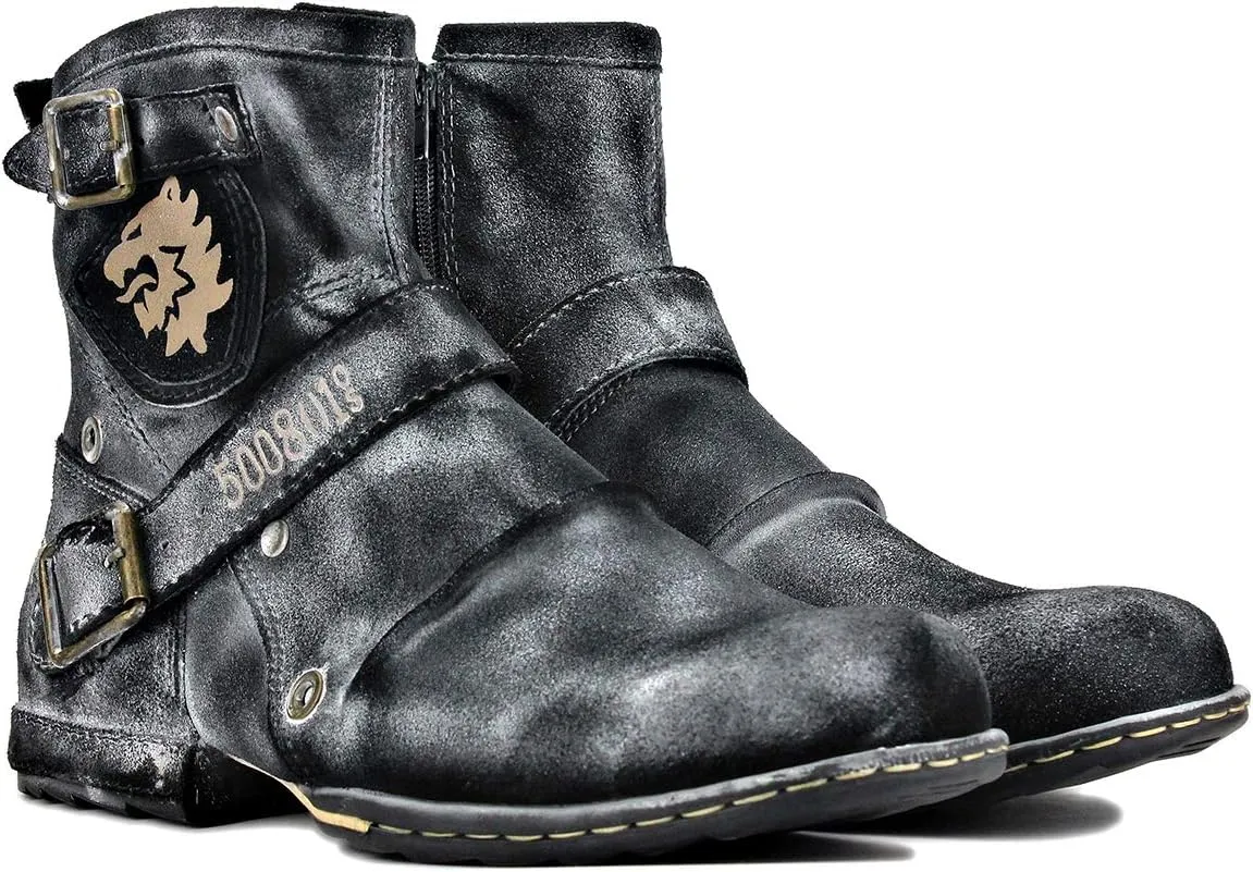 OSSTONE Moto Boots for Men Fashion Zipper-up Leather Chukka Boots Casual Shoes OS-5008-1-Camouflage Green