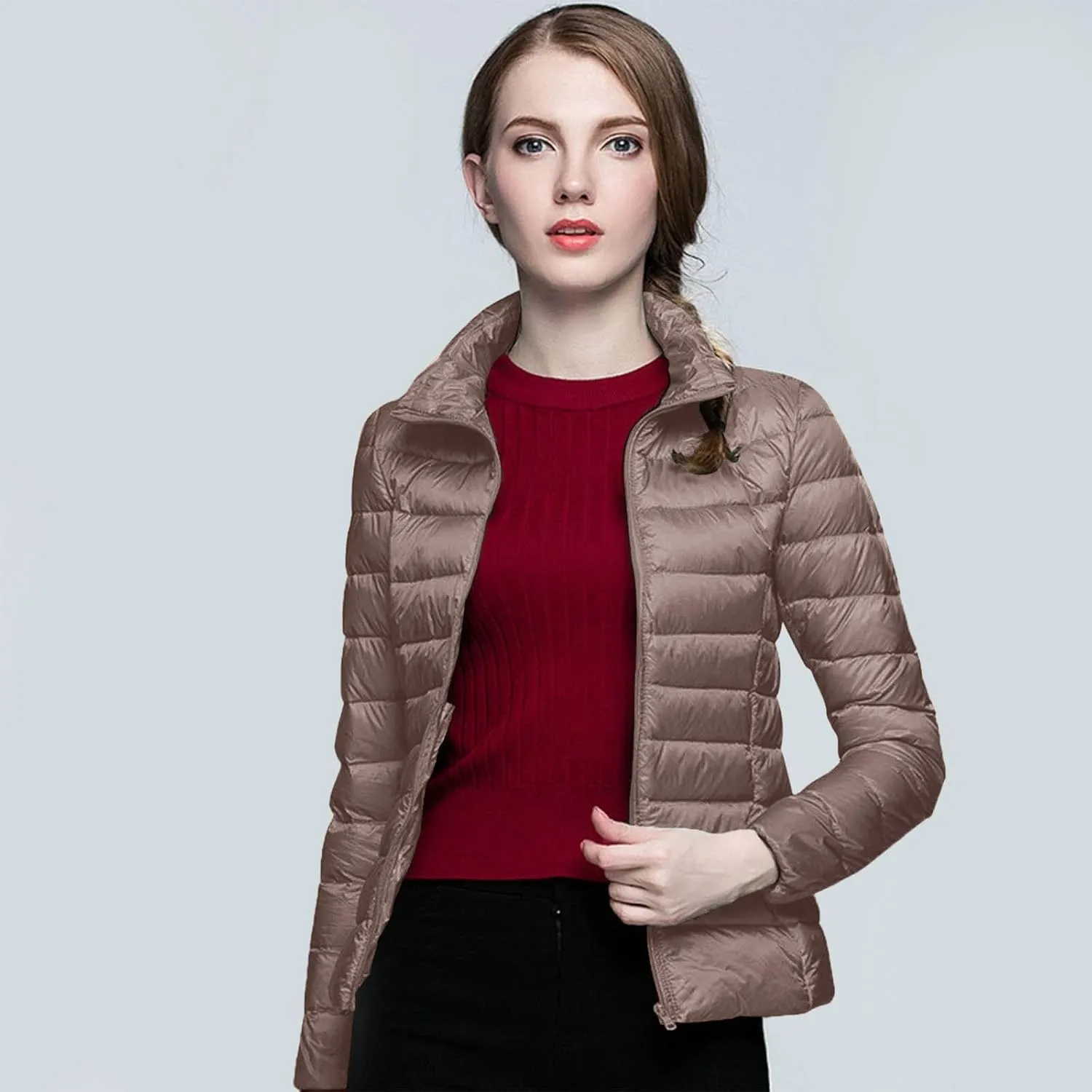 Packable Down Jacket Women Lightweight Full Zip Puffer Jackets Casual Warm Stand Collar Quilted Winter Coat with Hood