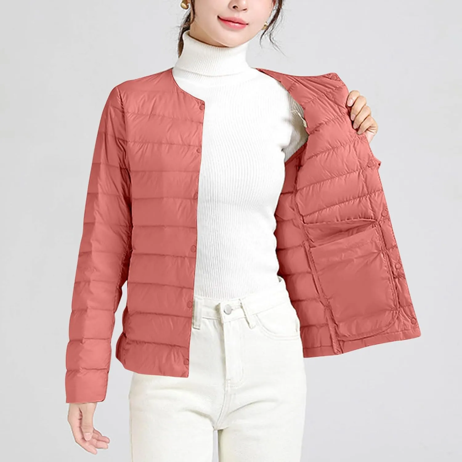 Packable Puffer Jacket Women Button Down Crewneck Fitted Quilted Jacket Packable Short Padded Quilted Puffer Jacket