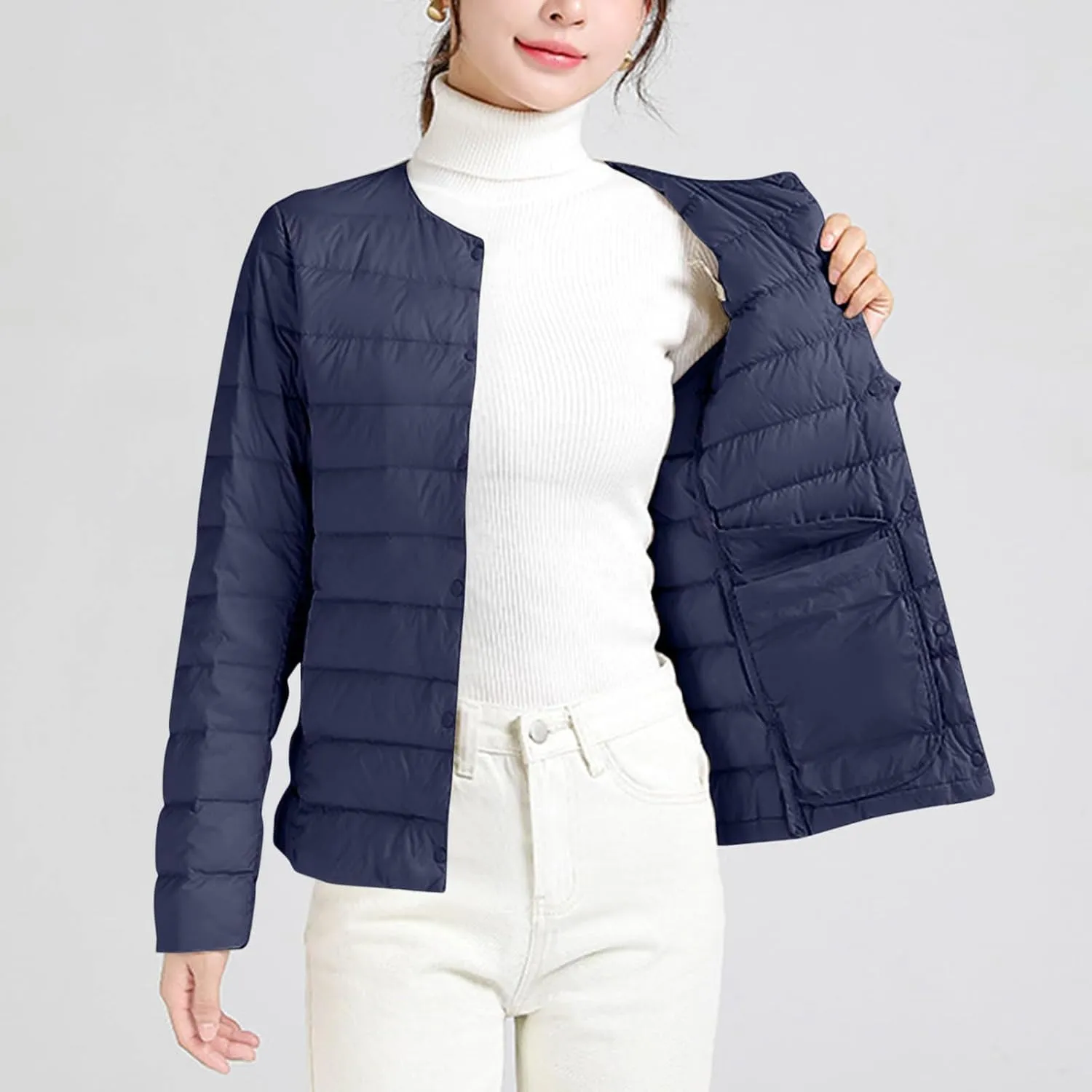 Packable Puffer Jacket Women Button Down Crewneck Fitted Quilted Jacket Packable Short Padded Quilted Puffer Jacket