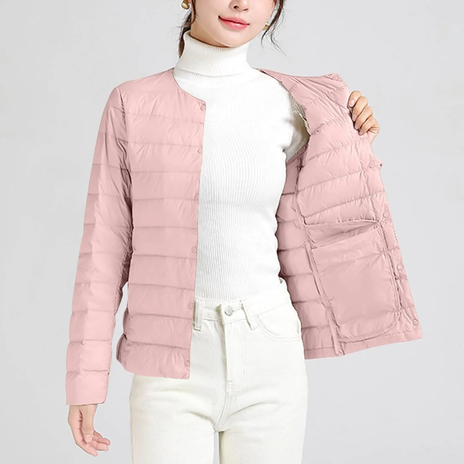 Packable Puffer Jacket Women Button Down Crewneck Fitted Quilted Jacket Packable Short Padded Quilted Puffer Jacket