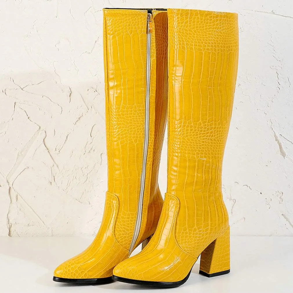 Parisuit Women's Knee High Chunky Heel Boots Pointed Toe Crocodile Print Long Tall Boots
