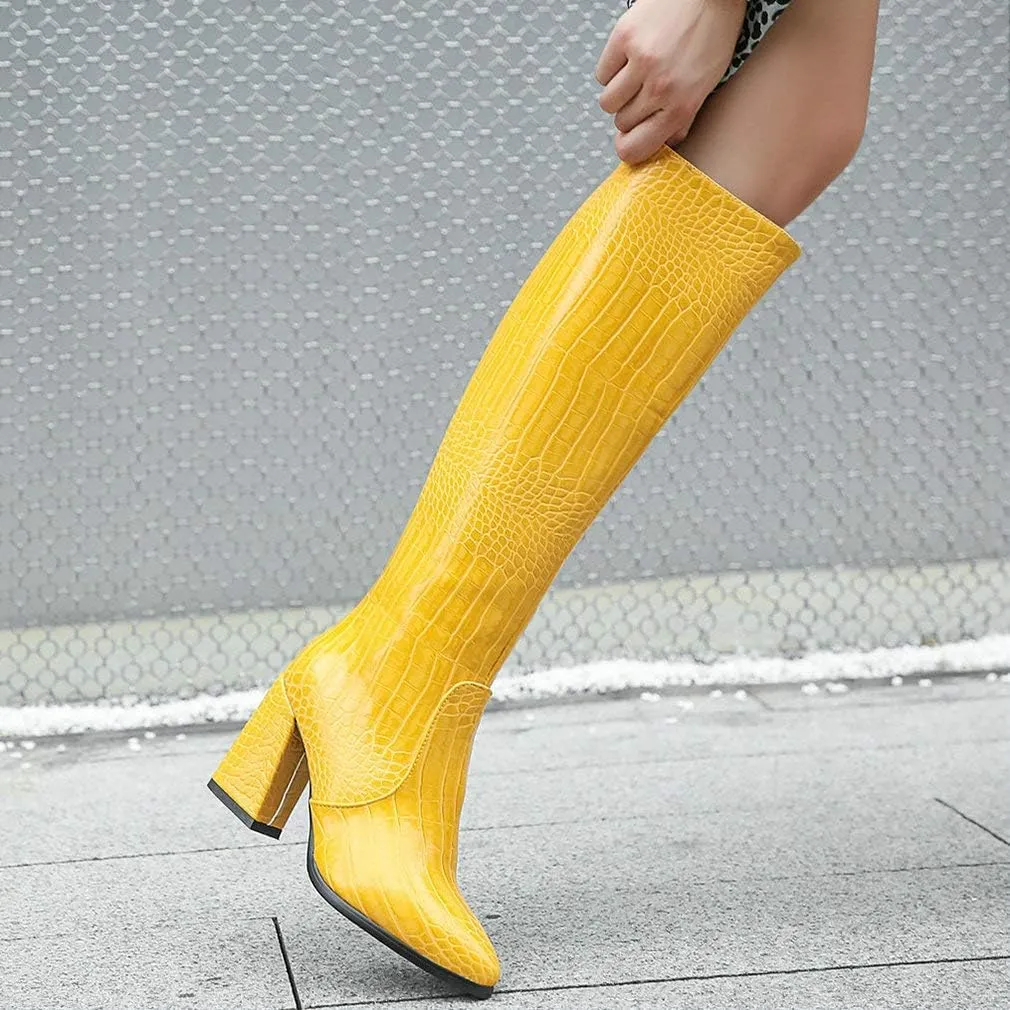 Parisuit Women's Knee High Chunky Heel Boots Pointed Toe Crocodile Print Long Tall Boots