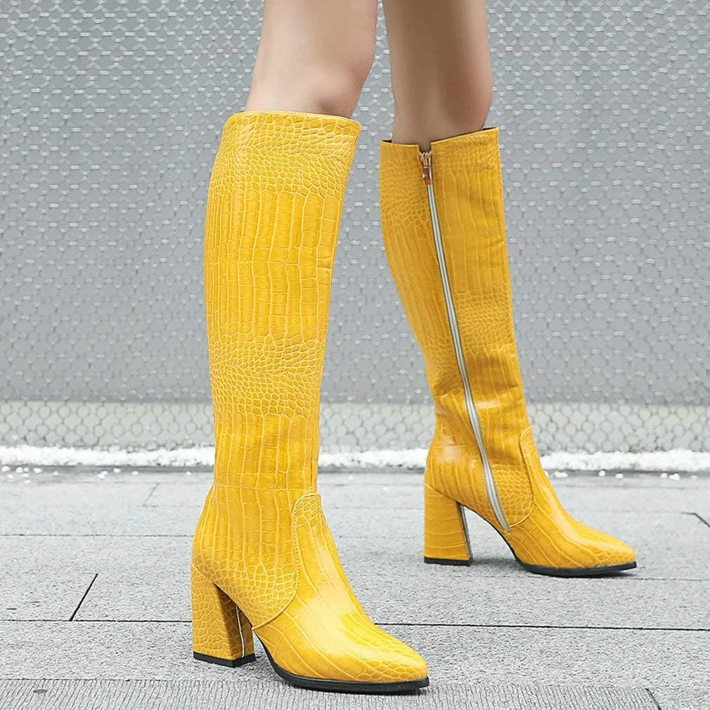 Parisuit Women's Knee High Chunky Heel Boots Pointed Toe Crocodile Print Long Tall Boots