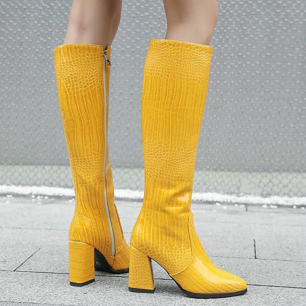 Parisuit Women's Knee High Chunky Heel Boots Pointed Toe Crocodile Print Long Tall Boots