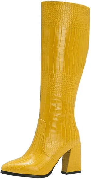 Parisuit Women's Knee High Chunky Heel Boots Pointed Toe Crocodile Print Long Tall Boots