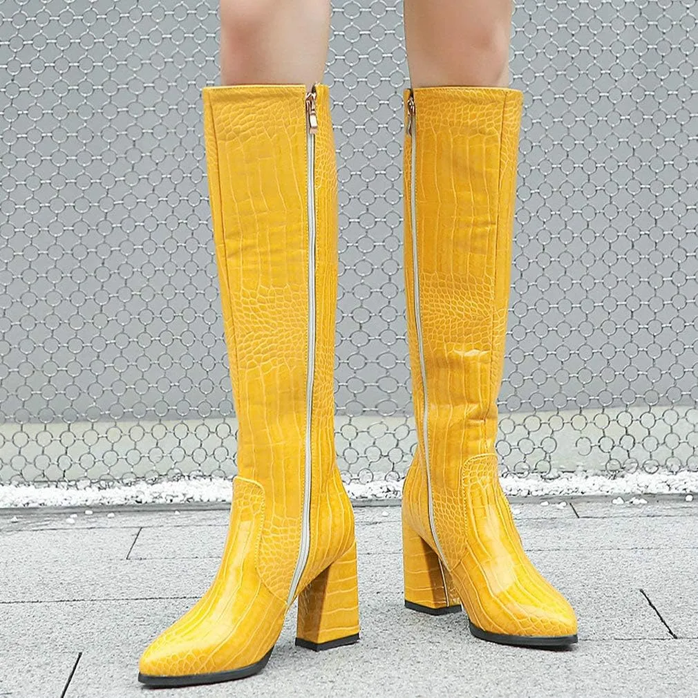 Parisuit Women's Knee High Chunky Heel Boots Pointed Toe Crocodile Print Long Tall Boots
