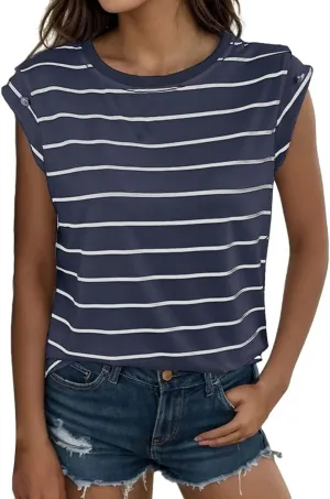 Personality Striped Cap Sleeve T Shirts for Women Slim Fit Crew Neck Lightweight Casual Daily Tops Fashion Sleeveless Blouses