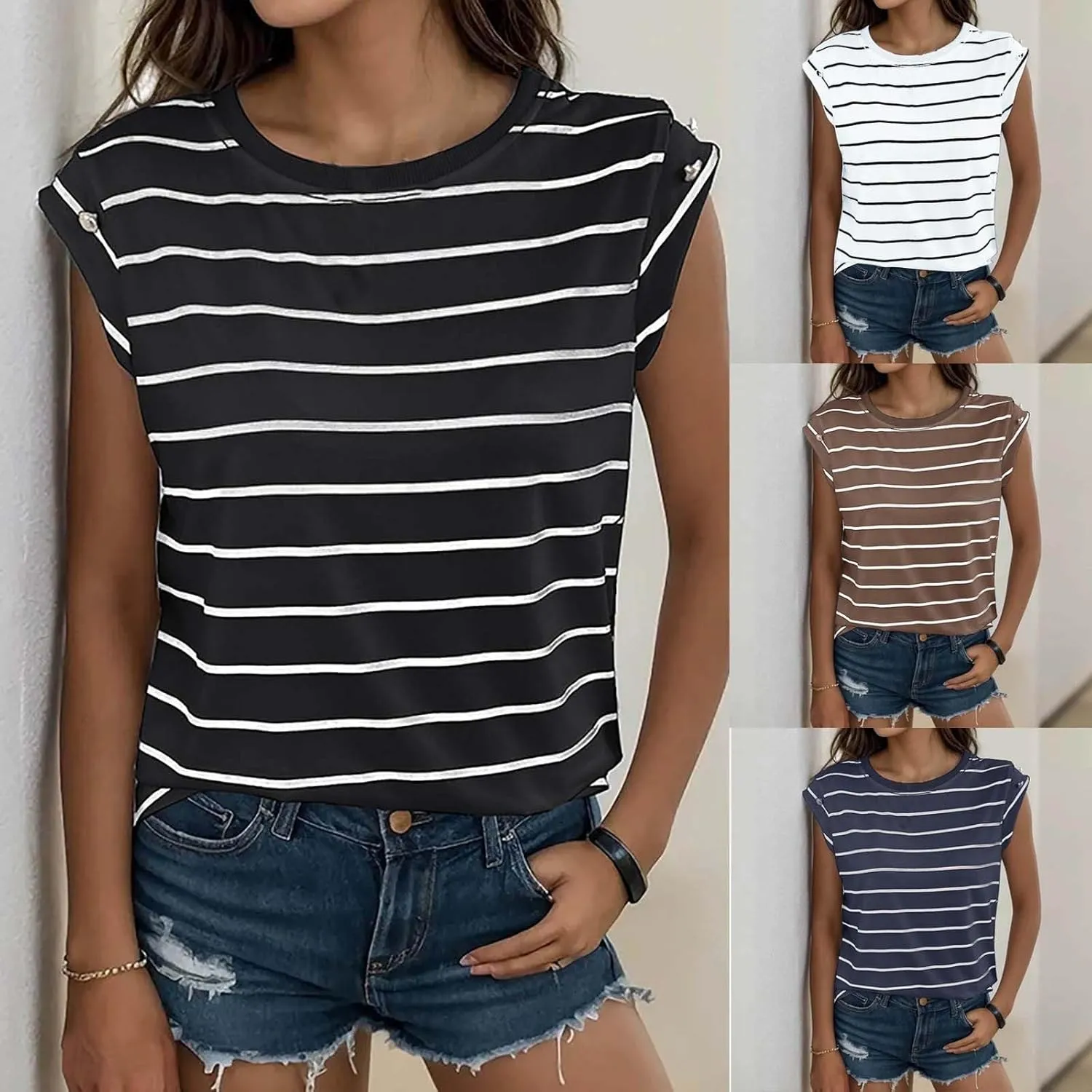 Personality Striped Cap Sleeve T Shirts for Women Slim Fit Crew Neck Lightweight Casual Daily Tops Fashion Sleeveless Blouses