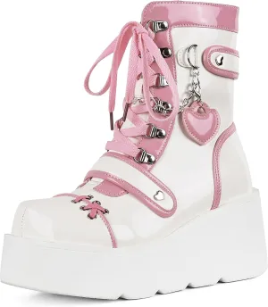 Platform Ankle boots for Women Goth Rave Boots Kawaii Shoes High Heel Round Toe Zipper Wedges Mid Calf Booties