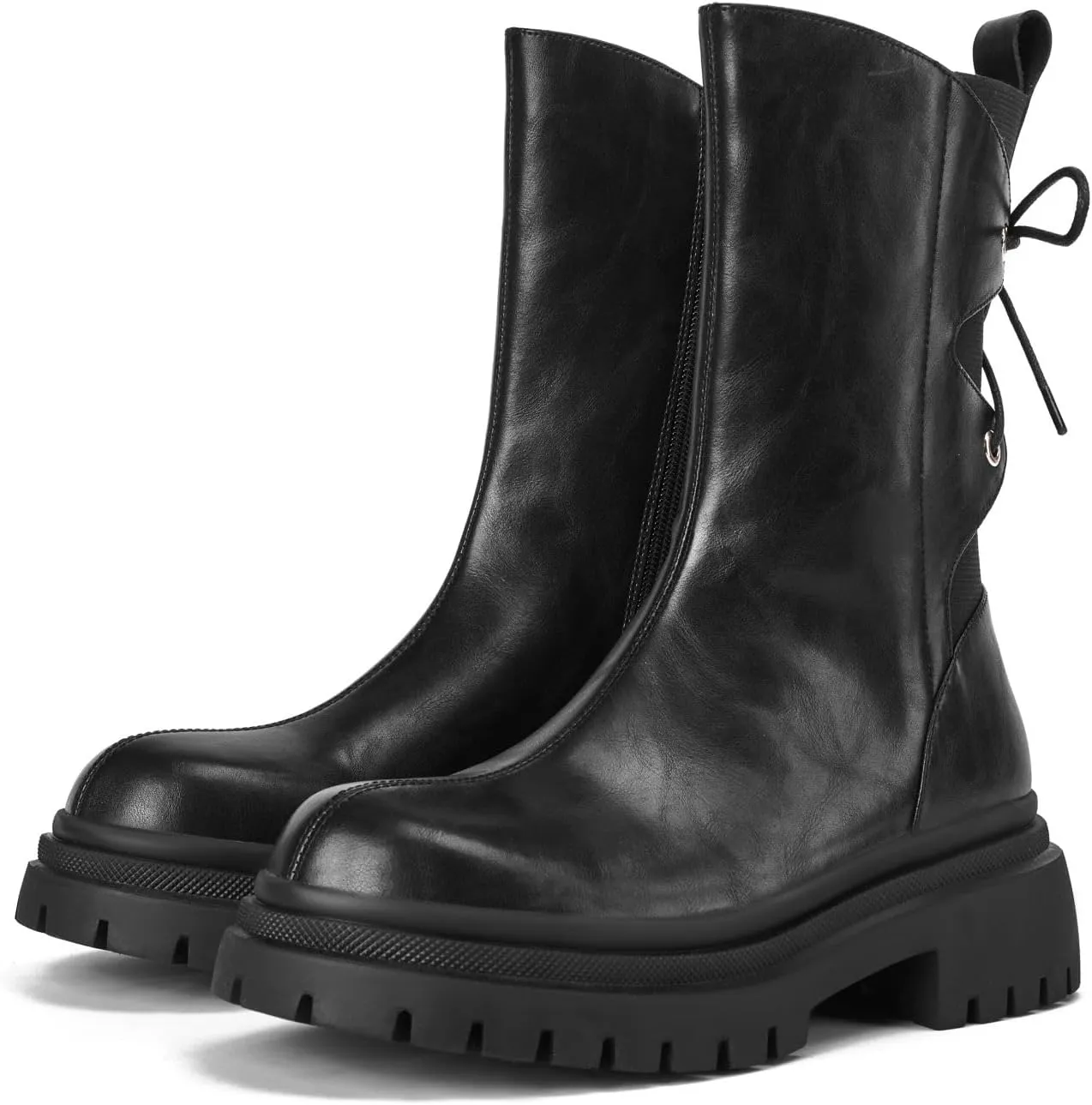Platform Combat Boots - Mid Calf Lace Up, Low Heel, Chunky Platform, Round Toe, Lug Sole
