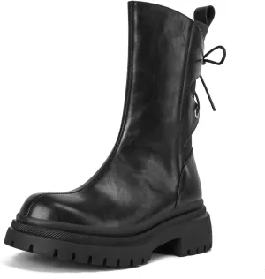 Platform Combat Boots - Mid Calf Lace Up, Low Heel, Chunky Platform, Round Toe, Lug Sole